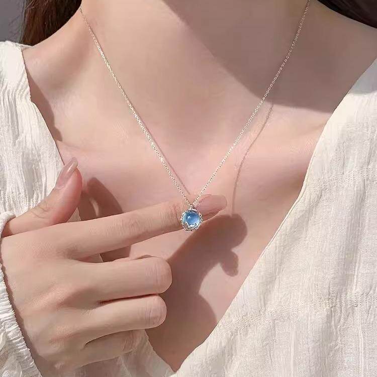 S925银蓝色泡沫鱼尾项链女生轻奢小众精致高级感锁骨链生日礼物