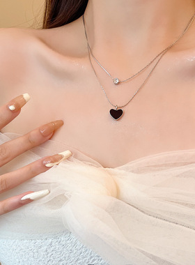 ins潮双层叠戴冷淡风黑色爱心钛钢项链女轻奢小众简约锆石锁骨链