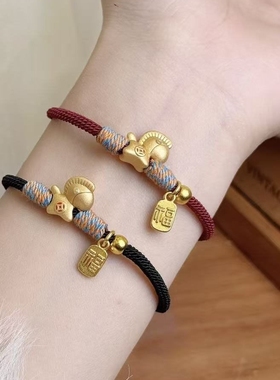 新款网红马年本命年招财生肖手链酒红福牌编织马红黑手绳情侣闺蜜