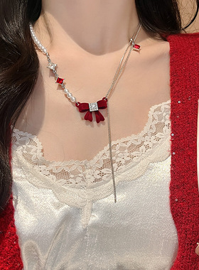 红色植绒蝴蝶结珍珠项链女2026年新款爆款新年喜庆气质流苏毛衣链