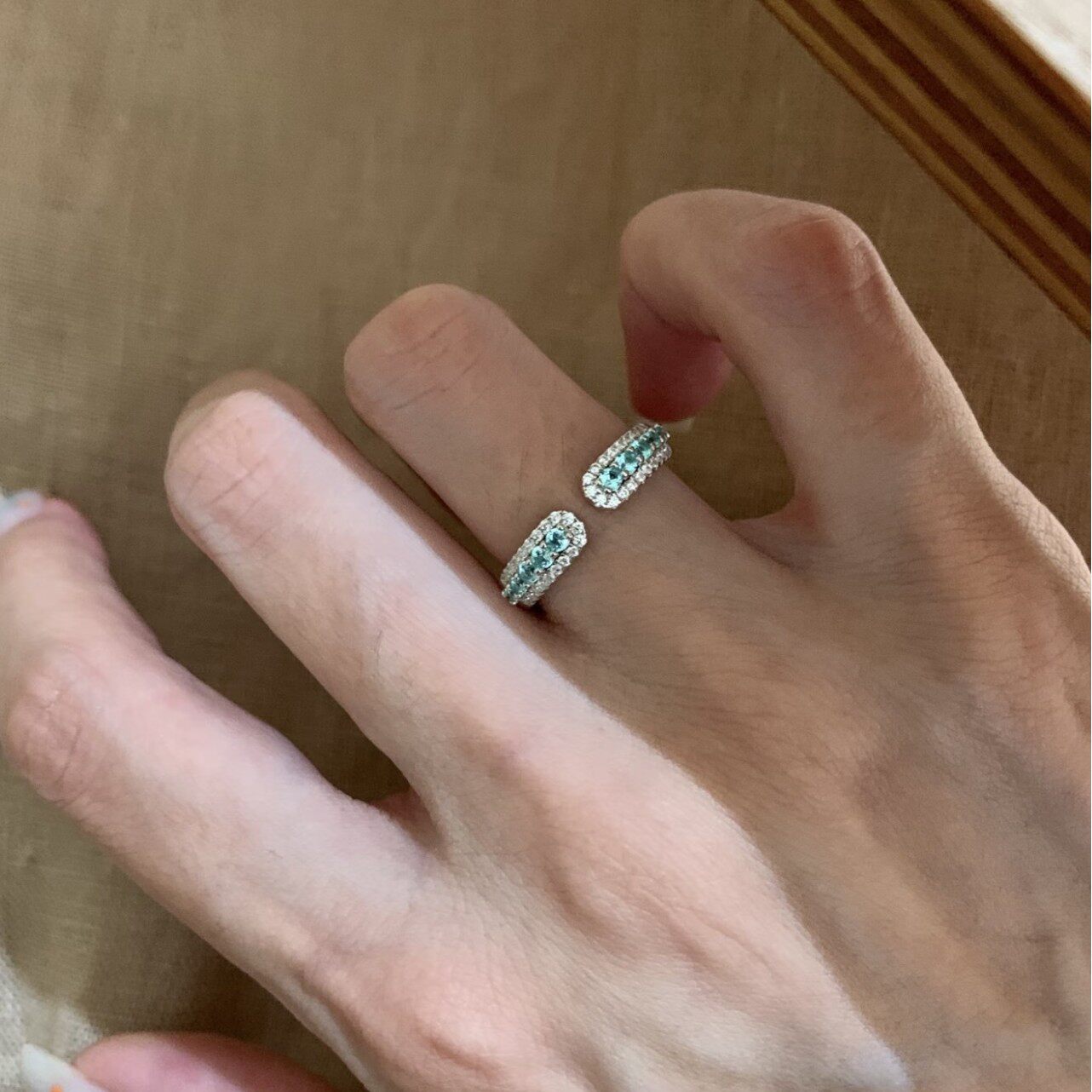 新款海蓝色排钻戒指女甜美可爱少女感清新气质时尚百搭可调节指环