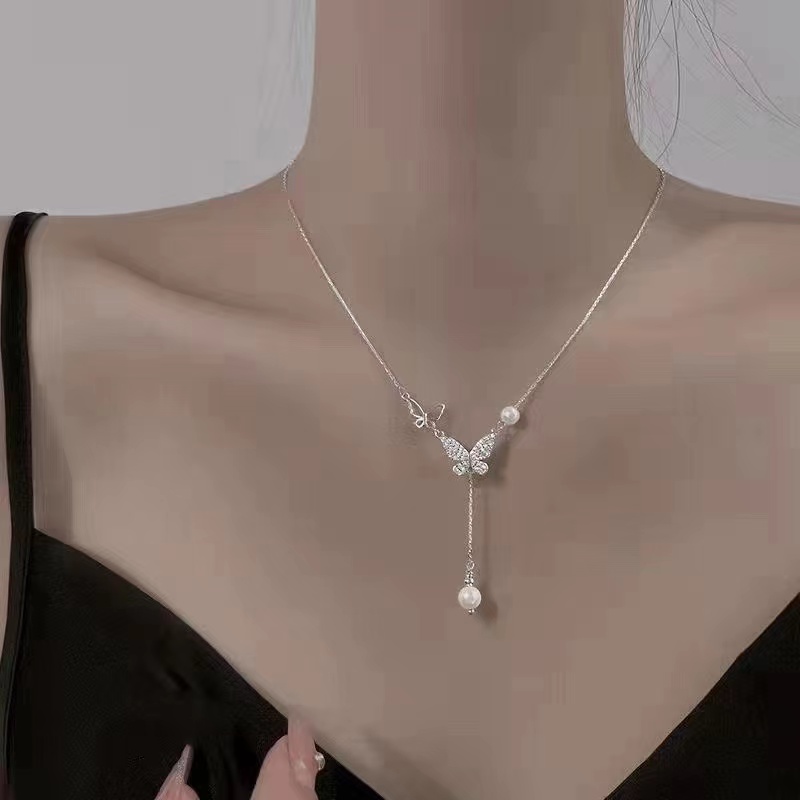 蝴蝶结款项链高级设计感锁骨链2025年新款女轻奢小众珍珠颈链ins