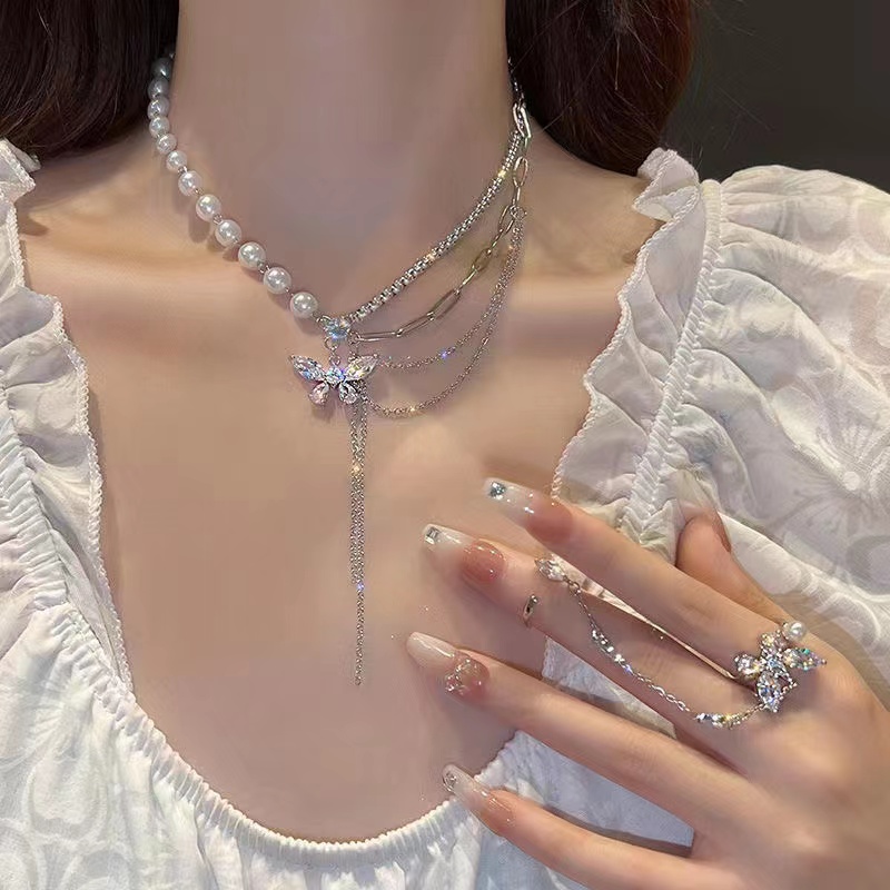 闪耀王妃~珍珠蝴蝶项链2025年新款女轻奢小众戒指高级设计感颈链