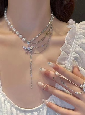 闪耀王妃~珍珠蝴蝶项链2024年新款女轻奢小众戒指高级设计感颈链