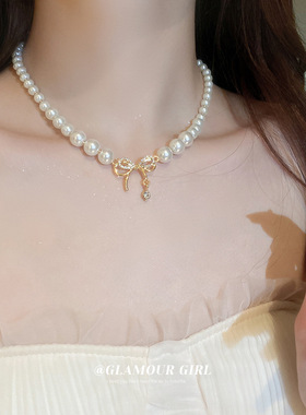 镶钻珍珠蝴蝶结项链个性百搭设计感锁骨链优雅小众新款颈链女