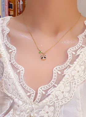 可爱小熊猫竹子吊坠项链新中式国潮钛钢锁骨链百搭气质高级感颈链