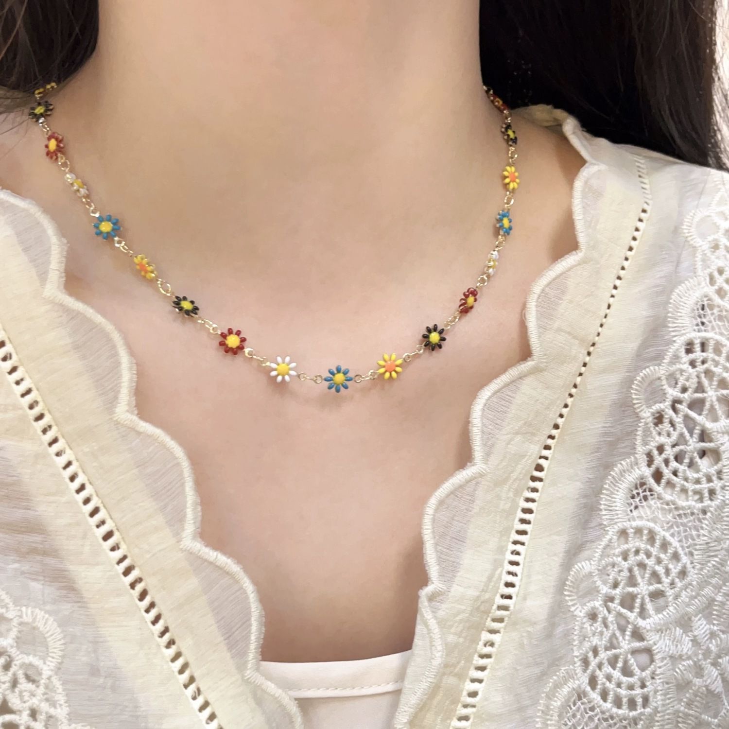彩色小众项链女~小清新雏菊花朵手链颈链ins风撞色设计锁骨链