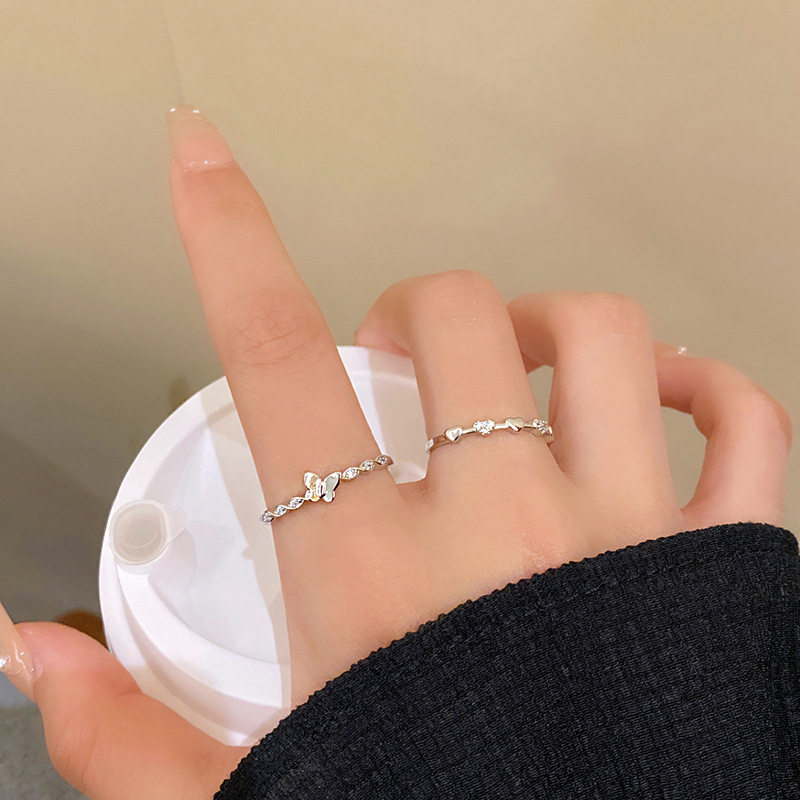 蝴蝶爱心两件套戒指女冷淡风小众简约银色开口指环戒韩国新款手饰