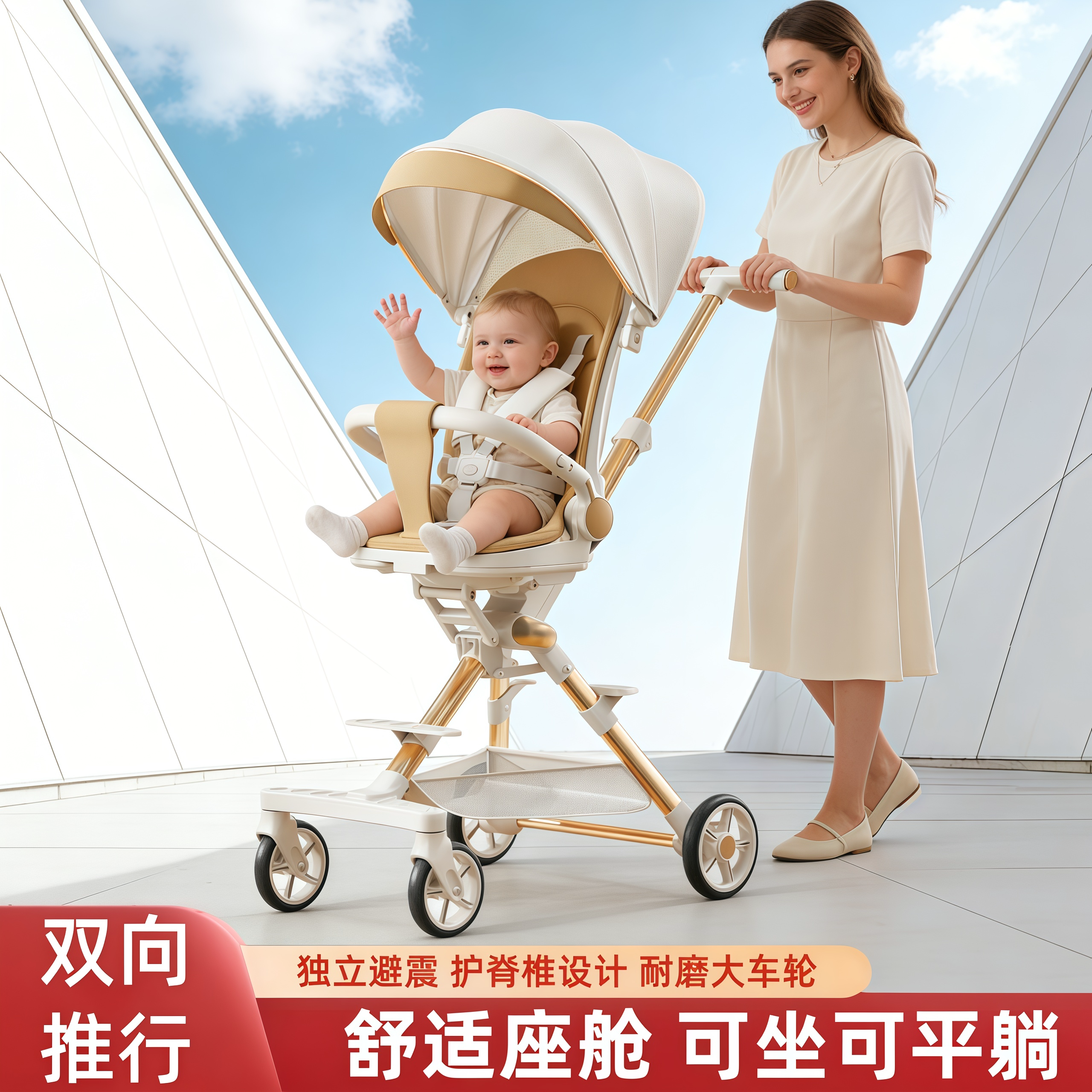 婴儿车推车可坐可躺0到3岁4岁双向遛娃折叠轻便宝宝手推车铝合金