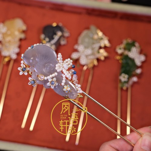 夙语轩原创设计天然和田玉碧玉翠青淡水珍珠碧玺簪子