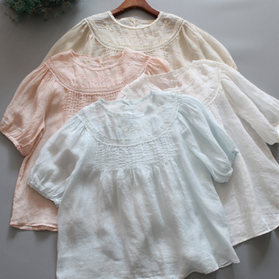 森系文艺风精致刺绣拼蕾丝花边重工百折短袖苎麻衬衫娃娃衫上衣