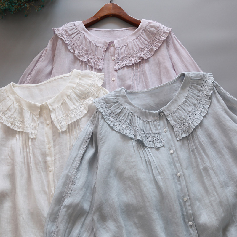日系甜美风花边大翻领宽松苎麻减龄娃娃衫小喇叭袖长袖衬衫上衣