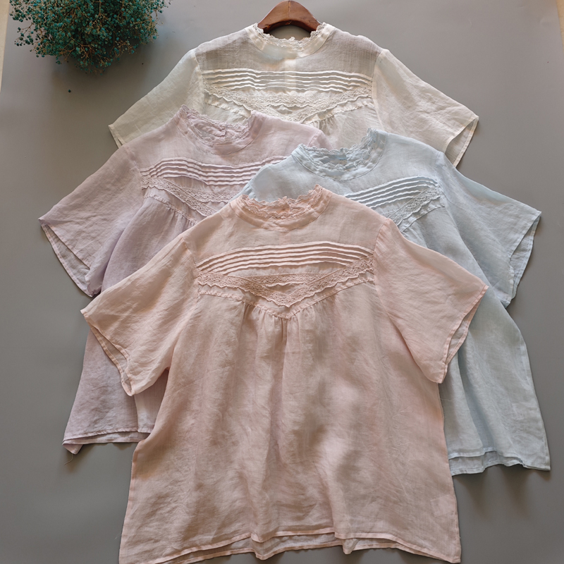 夏装新款高品质小立领花边套头轻薄苎麻短袖衬衫宽松优雅飘逸小衫