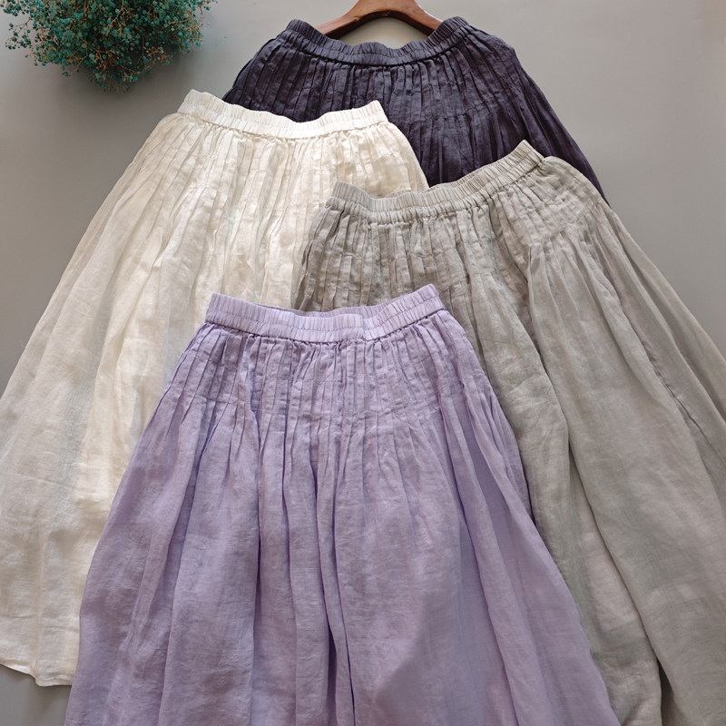 春夏新款文艺风松紧腰百折苎麻飘逸长裙半身裙百搭简约显瘦双层裙