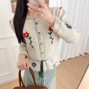 Fen 中古私服重工绣花羊毛小香针织开衫复古气质圆领显瘦毛衣外套
