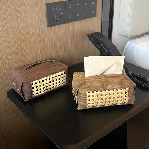 木质皮革抽纸盒高颜值中古风客厅