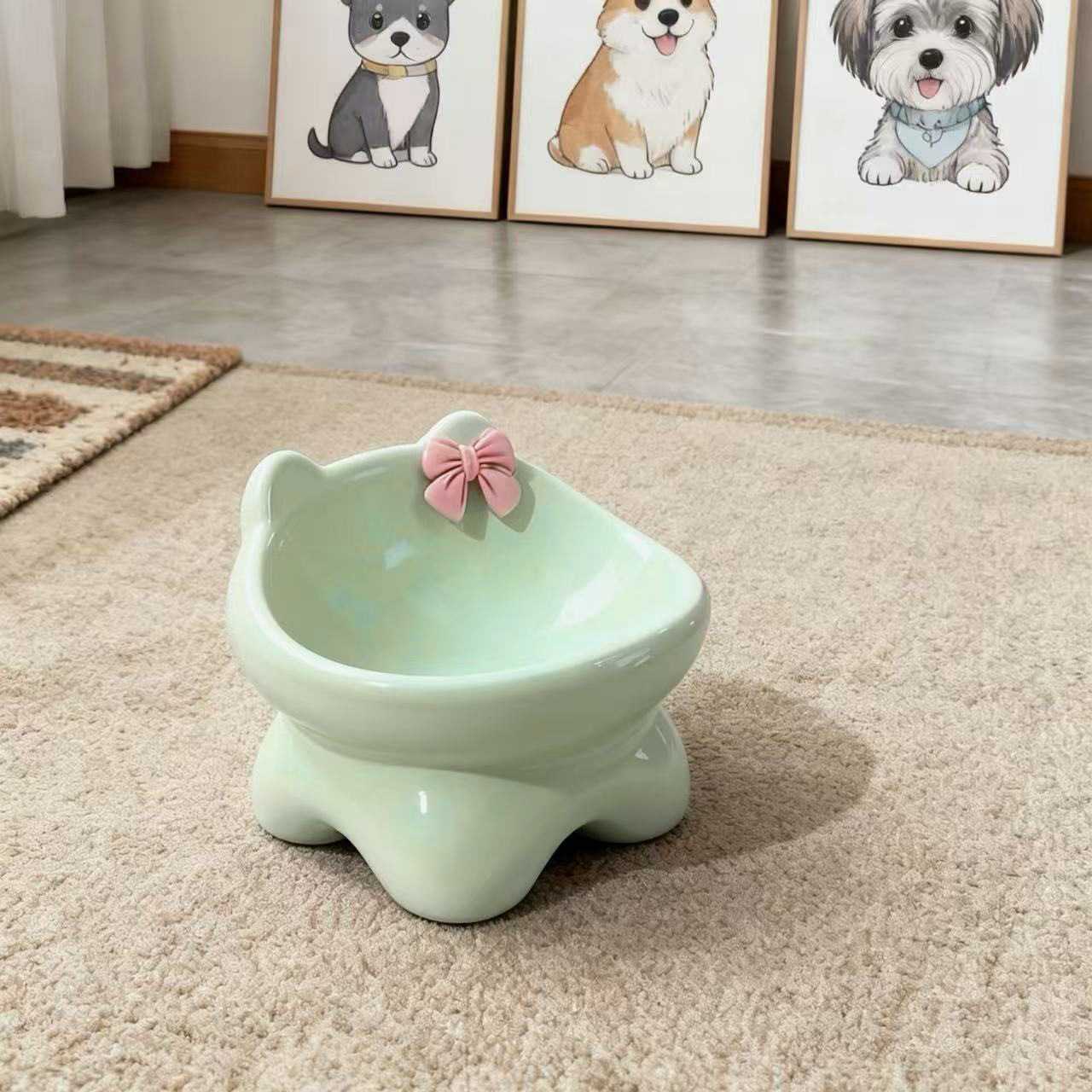 蝴蝶结陶瓷猫咪碗增高架防黑下巴