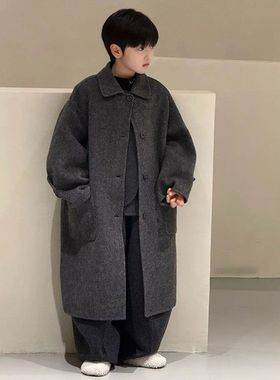 男童大衣儿童毛呢外套春秋装2025新款加厚洋气宝宝灰色英伦风衣服
