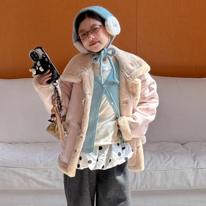童外套2025冬季新款女童粉色羊羔