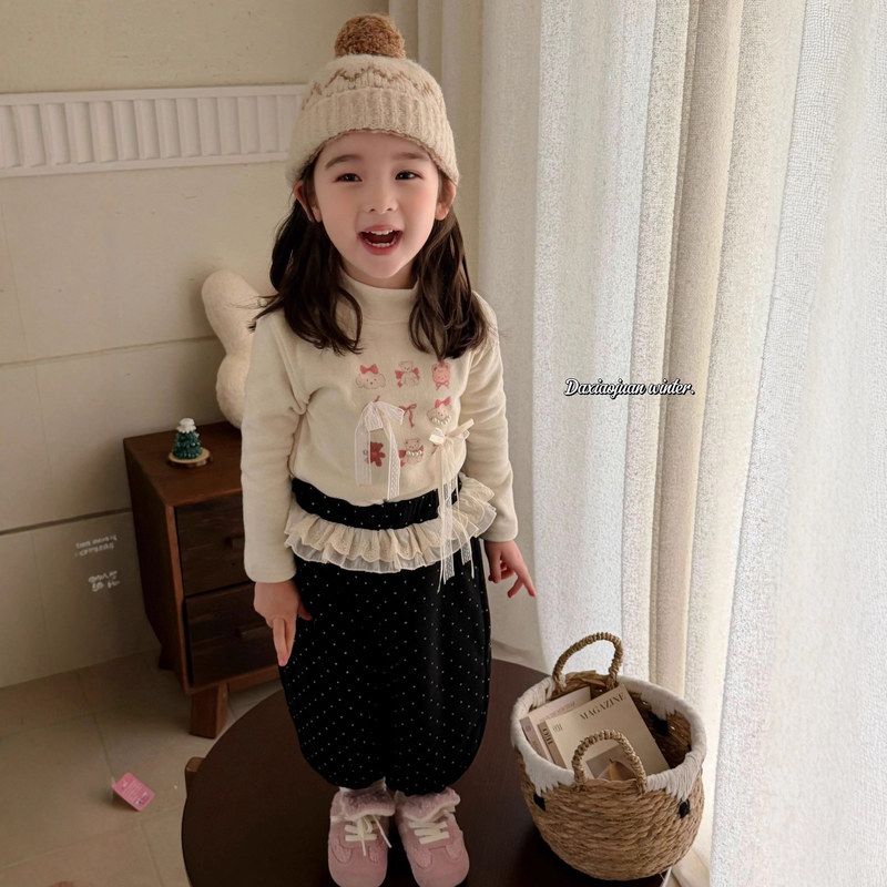 大小卷 【一件过冬】儿童女童蚕丝韩版蕾丝蝴蝶结加厚打底衫上衣