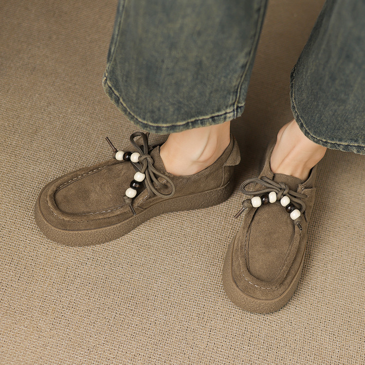 圆头松糕底橡胶头层猪皮休闲深口单鞋