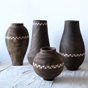 手工木质花瓶雕刻花纹侘寂风格 摆件中古波西米亚民族风花瓶花器