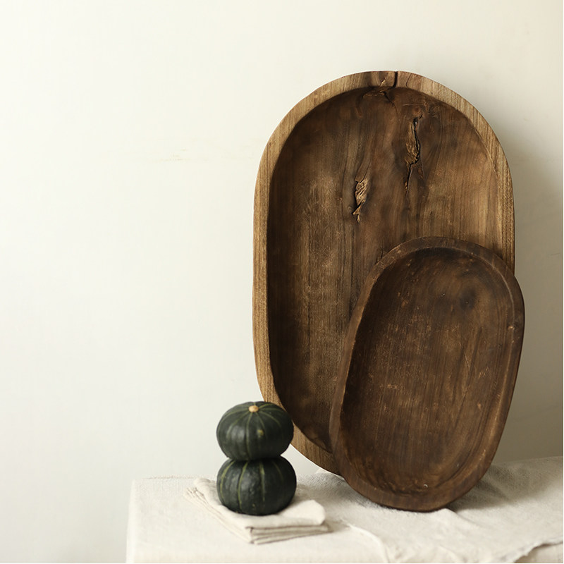 复古侘寂ins实木果盘复古创意客厅茶几零食干果收纳托盘摆件