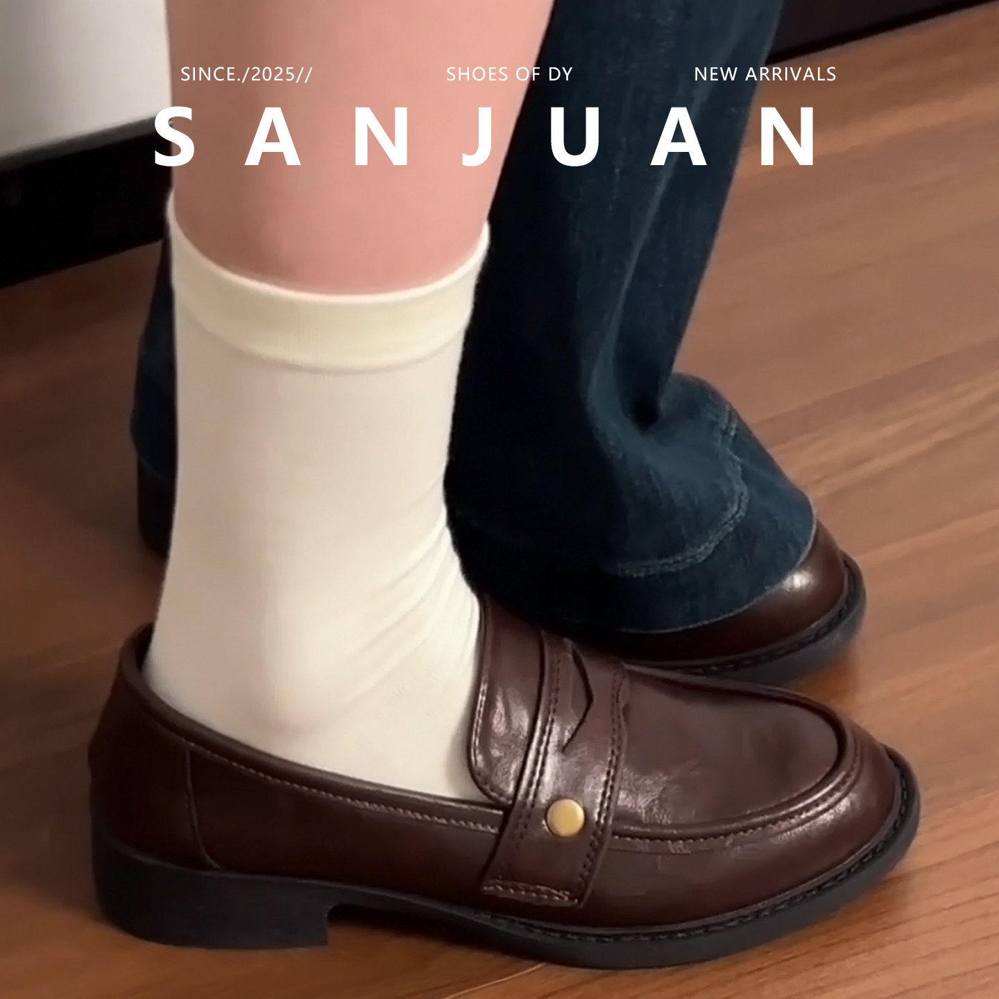 羊皮版sanjuan三卷复古女小皮鞋学院厚底粗跟单鞋通勤百搭乐福鞋