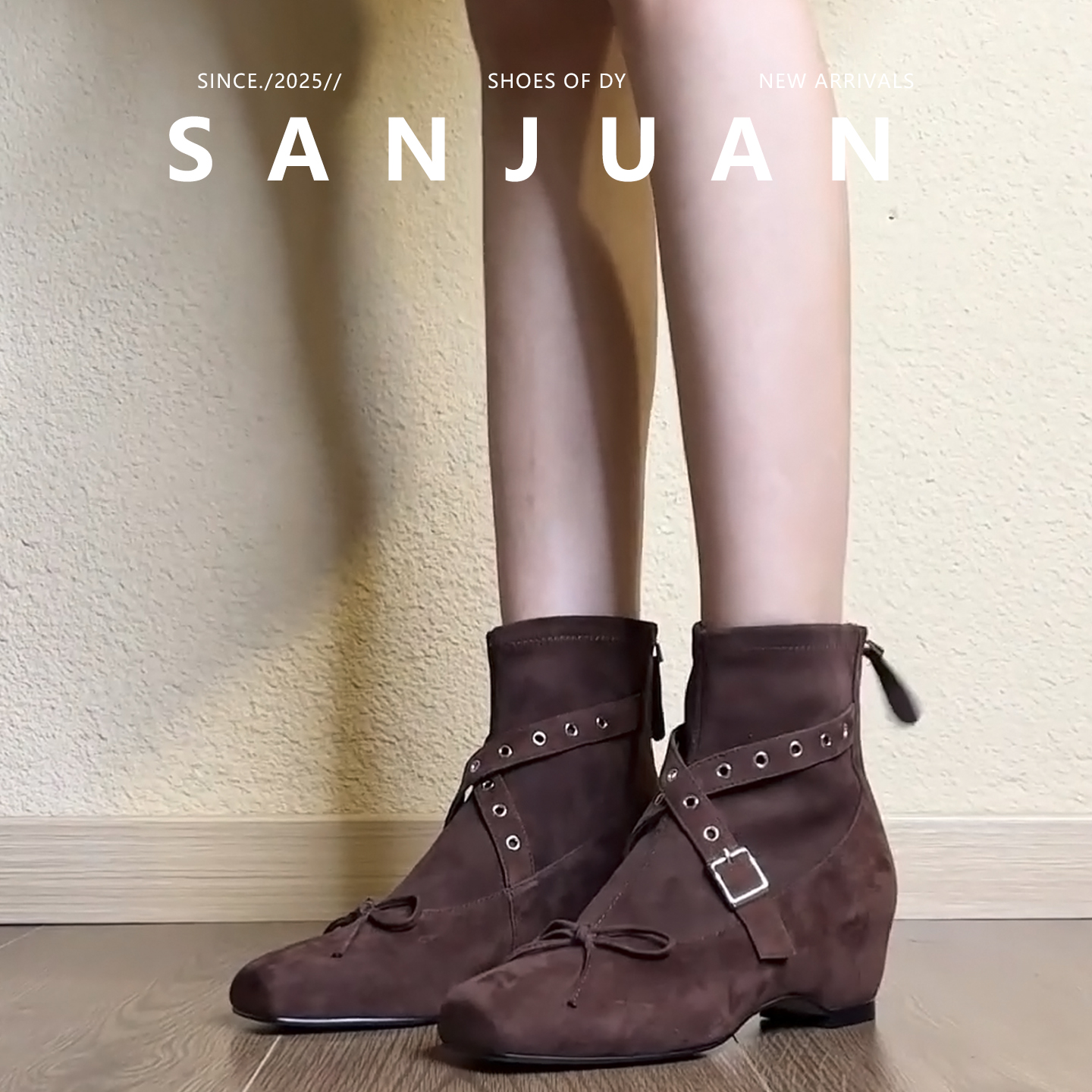 复古百搭内增高交叉带马丁靴