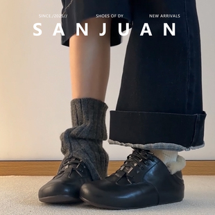 三卷sanjuan羊羔毛毛鞋女冬外穿加绒保暖小皮鞋玛丽珍内增高单鞋