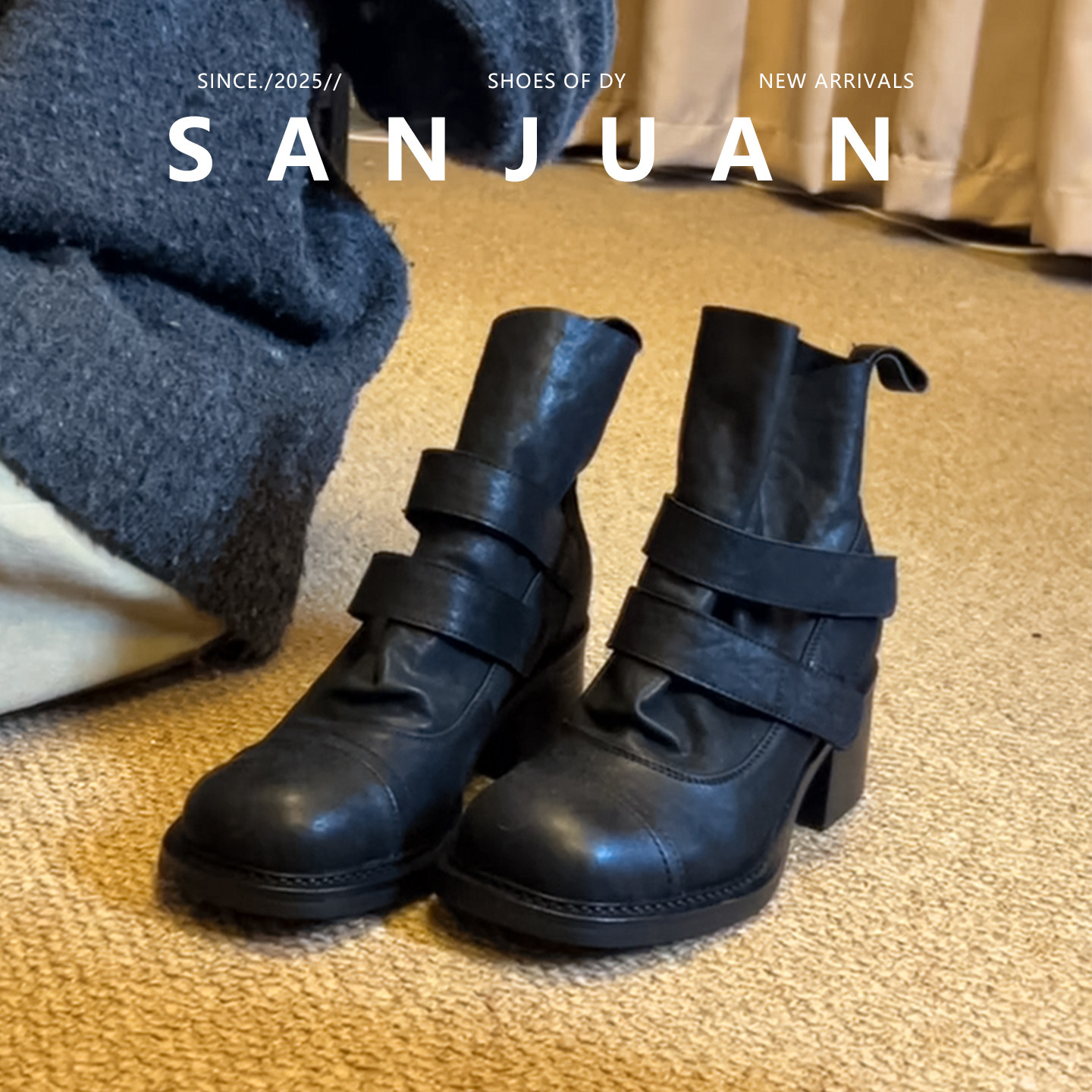 羊皮版sanjuan三卷法式秋冬短靴女新款气质机车靴粗跟增高马丁靴