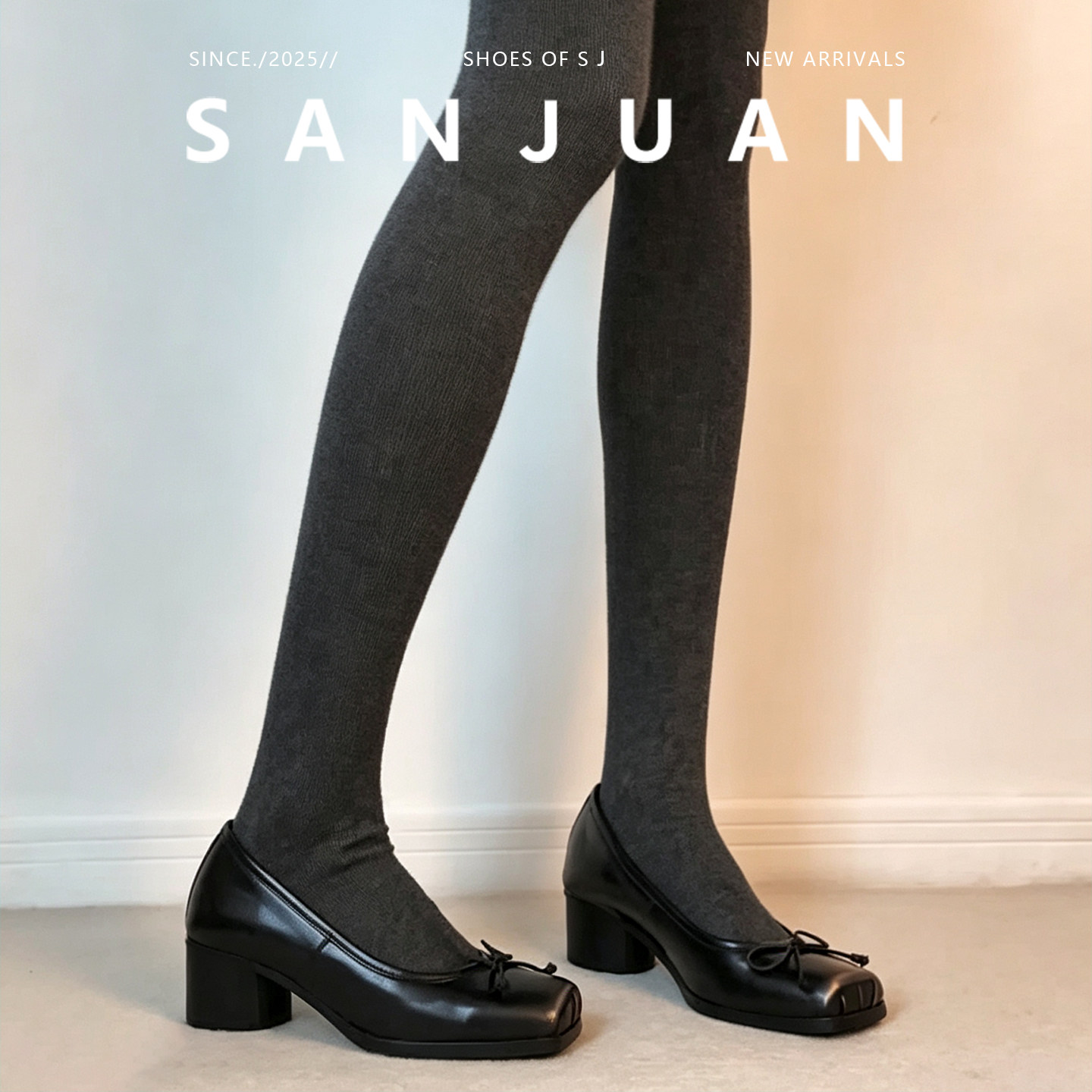 羊皮版sanjuan三卷法式通勤高跟鞋蝴蝶结复古小皮鞋粗跟气质单鞋