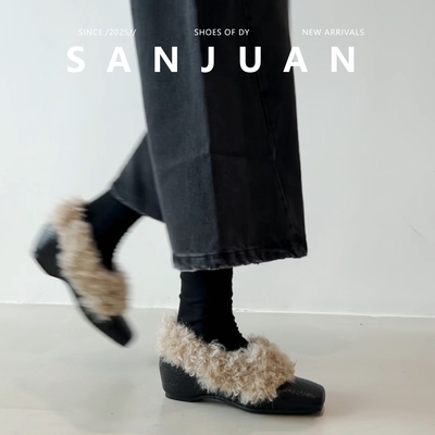 一脚蹬粗跟内增高保暖毛毛鞋女冬