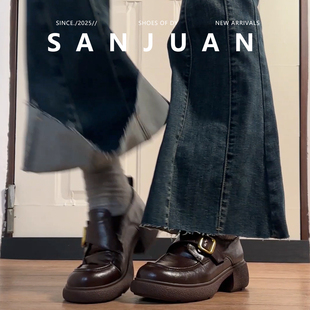 羊皮版sanjuan三卷厚底乐福鞋女英伦粗跟单鞋学院风小皮鞋小个子