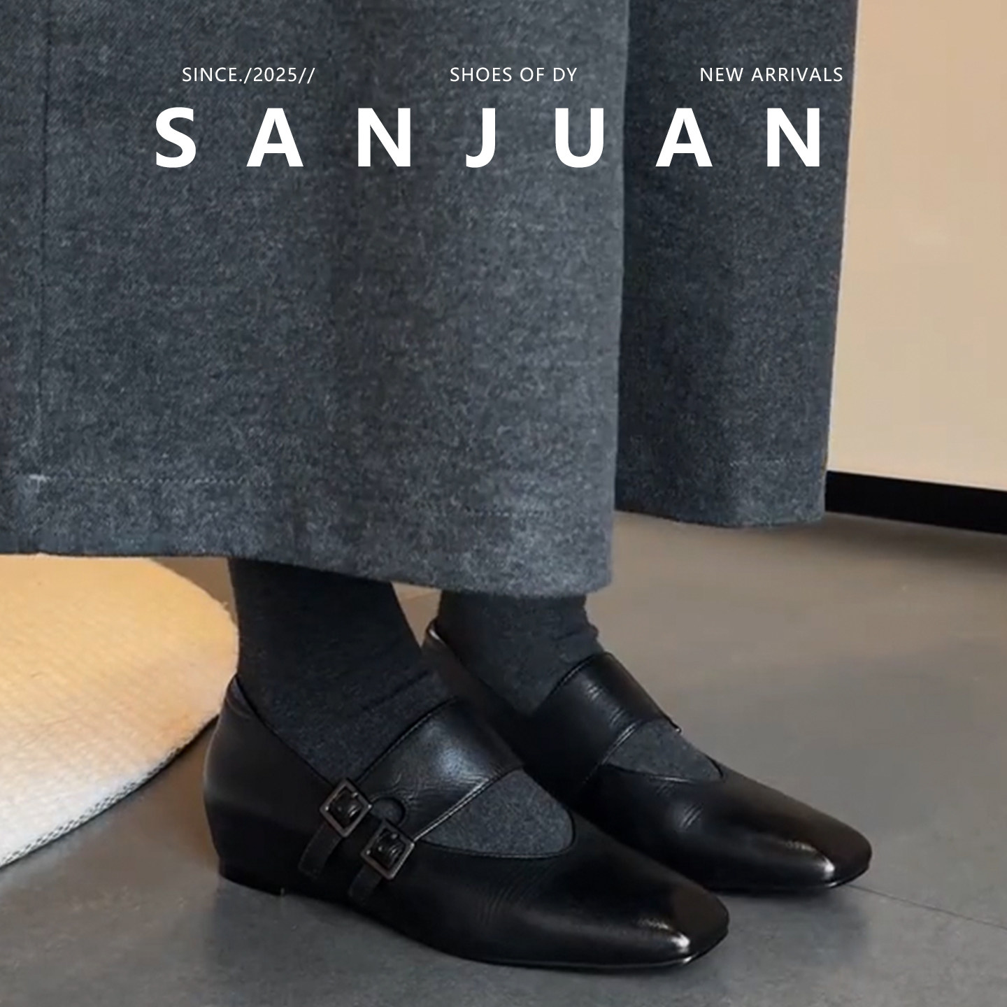 羊皮版sanjuan三卷复古玛丽珍鞋皮带扣方头单鞋赫本黑色通勤女鞋