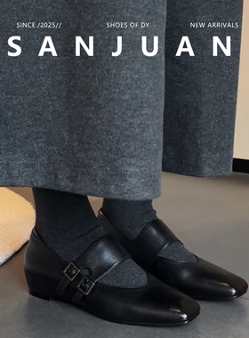 羊皮版sanjuan三卷复古玛丽珍鞋皮带扣方头单鞋赫本黑色通勤女鞋