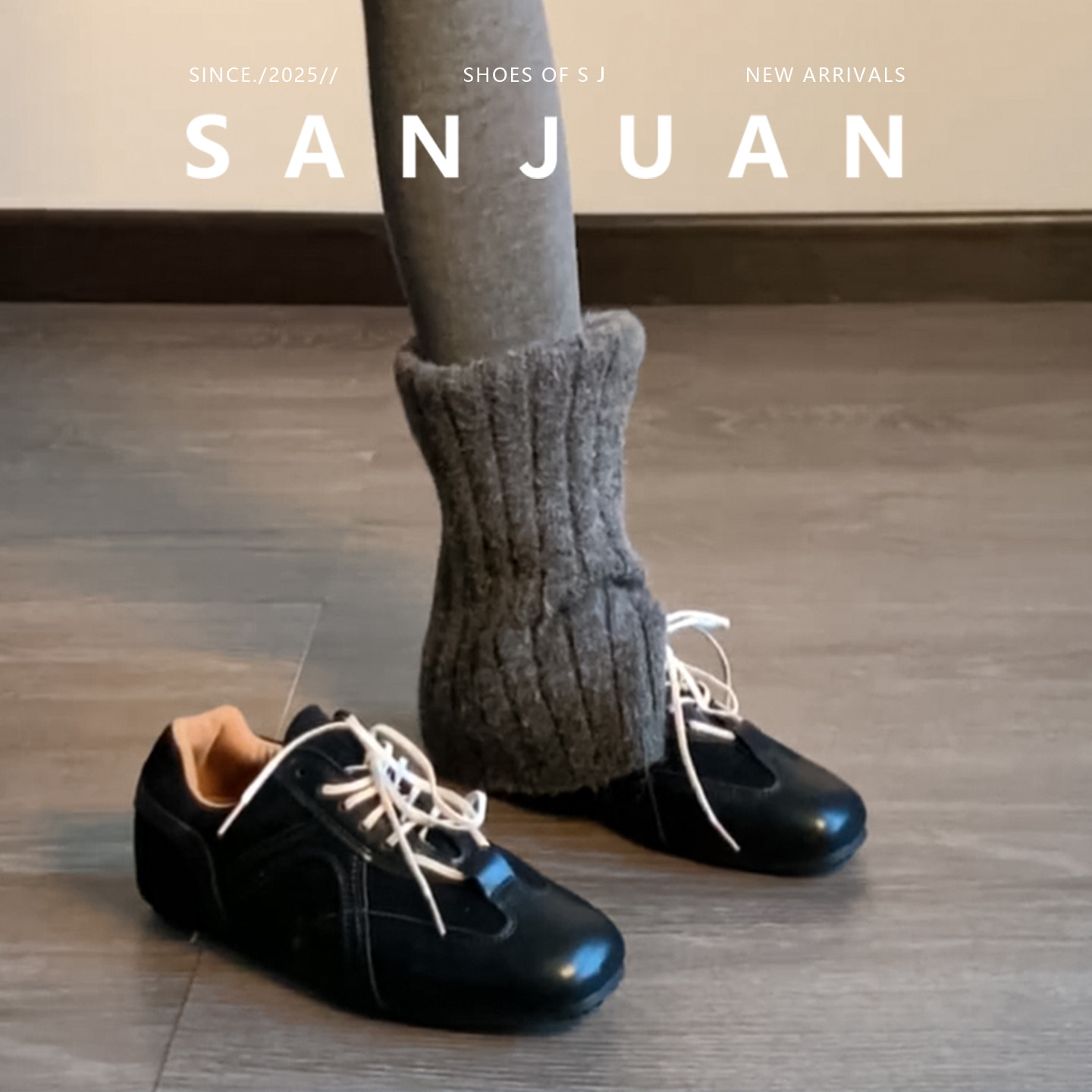 羊皮版sanjuan三卷复古黑色德训鞋女增高阿甘鞋通勤系带单鞋黑色