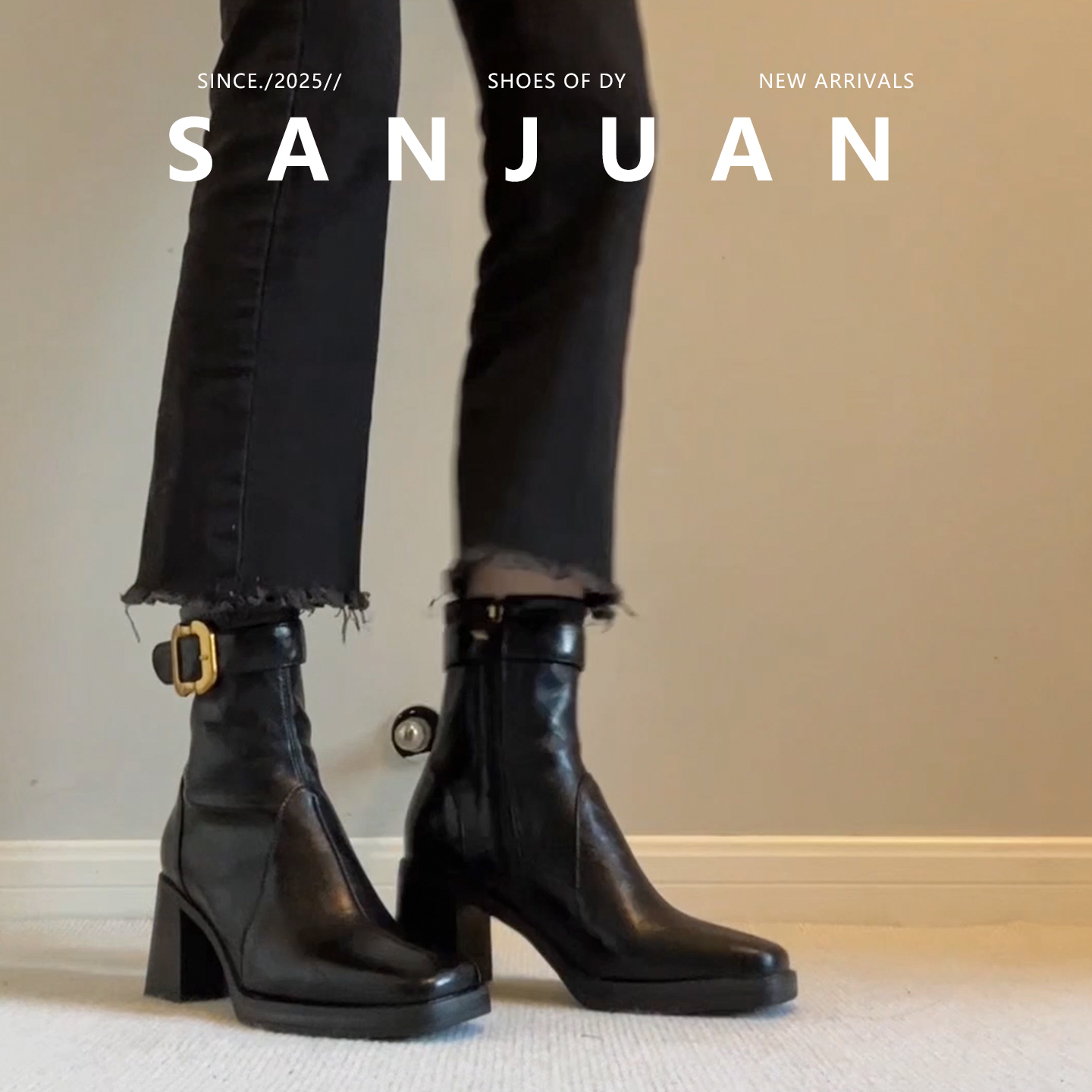 复古方头百搭轻奢高级感素板短靴