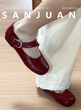 羊皮版sanjuan三卷红色芭蕾舞鞋女一字带软底单鞋增高厚底小皮鞋