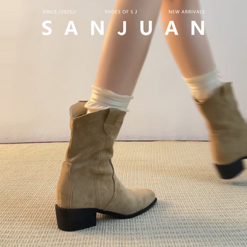 马丁靴V口中筒靴ins风西部靴真皮