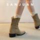 羊皮版 sanjuan三卷粗跟短靴小个子增高堆堆靴子巨好看牛仔靴超火
