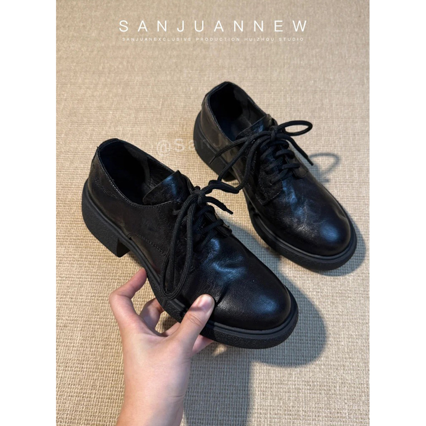 羊皮版sanjuan三卷英伦复古小皮鞋女粗跟高跟单鞋系带厚底乐福鞋