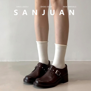 圆头松糕鞋 女学院风一脚蹬单鞋 sanjuan三卷厚底铆钉小皮鞋 羊皮版