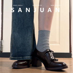 羊皮版sanjuan三卷厚底圆头小皮鞋女新款高跟鞋学院风粗跟单鞋冬