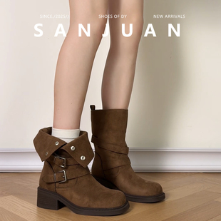 羊皮版 sanjuan三卷复古两穿厚底粗跟马丁靴女小个子美拉德短靴子