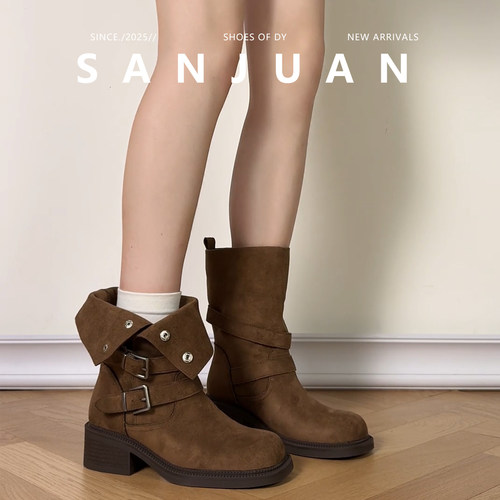 复古两穿增高显瘦显白短靴小个子