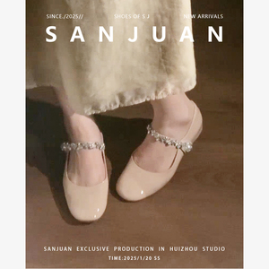 三卷sanjuan法式珍珠水钻玛丽珍浅口仙女鞋温柔单鞋小皮鞋内增高