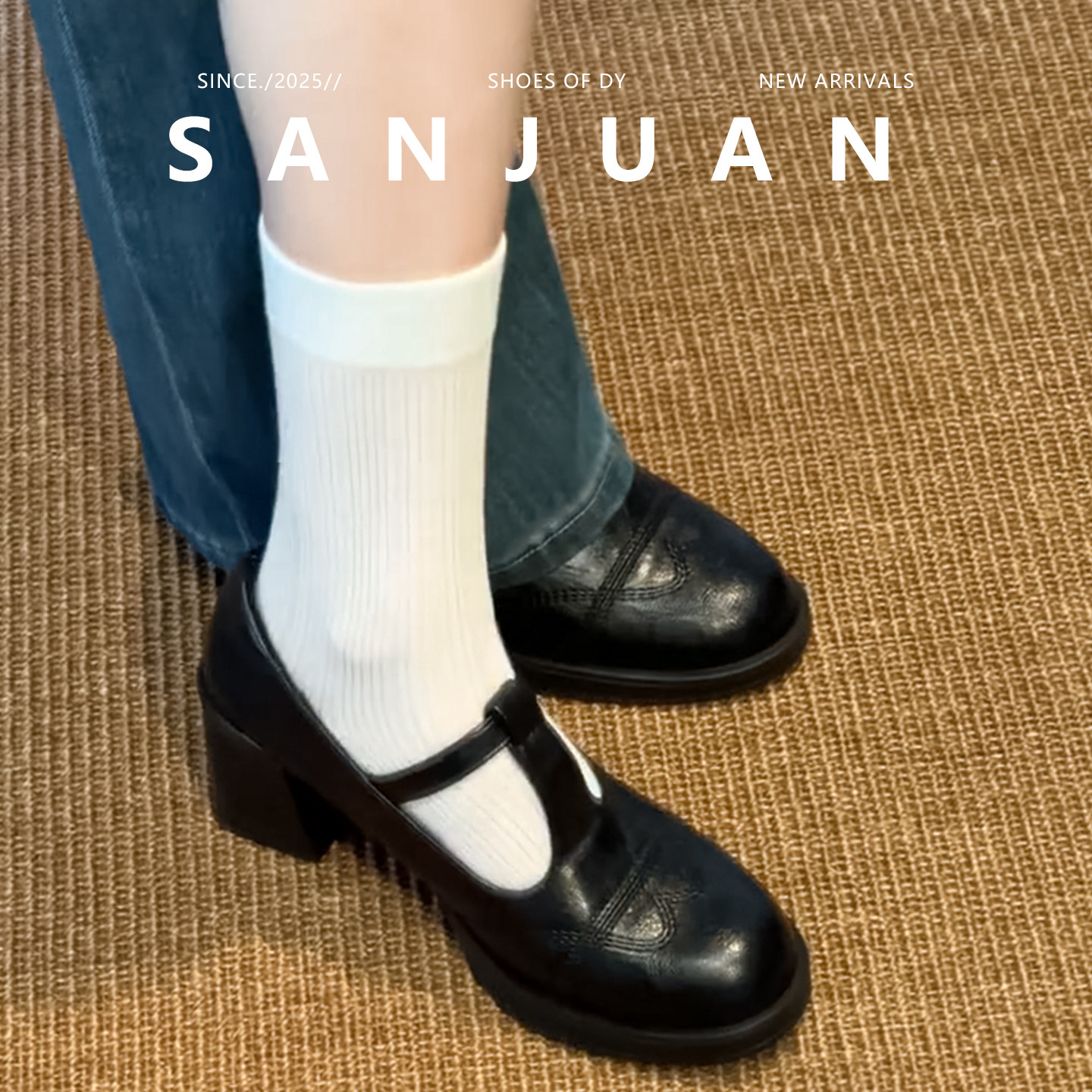 羊皮版sanjuan三卷复古玛丽珍鞋女镂空T字厚底小皮鞋学院百搭单鞋