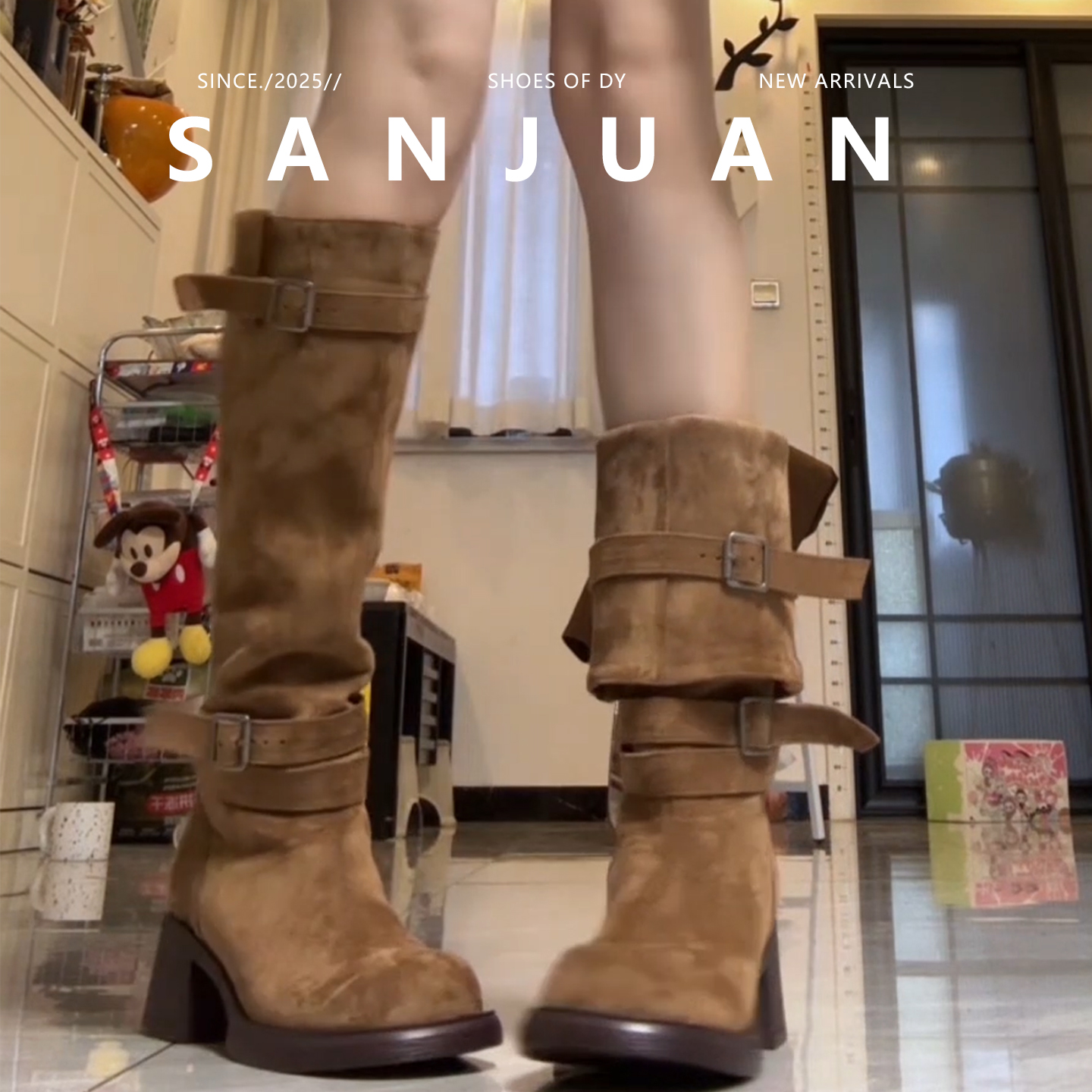 羊皮版sanjuan三卷复古不过膝长筒靴女粗跟长靴厚底高跟骑士靴冬