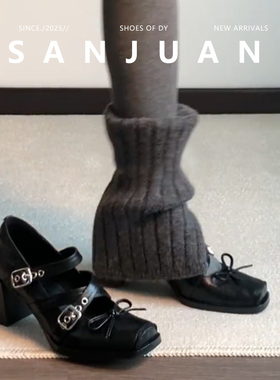 羊皮版sanjuan三卷复古辣妹方头玛丽珍鞋粗跟浅口蝴蝶结单鞋设计